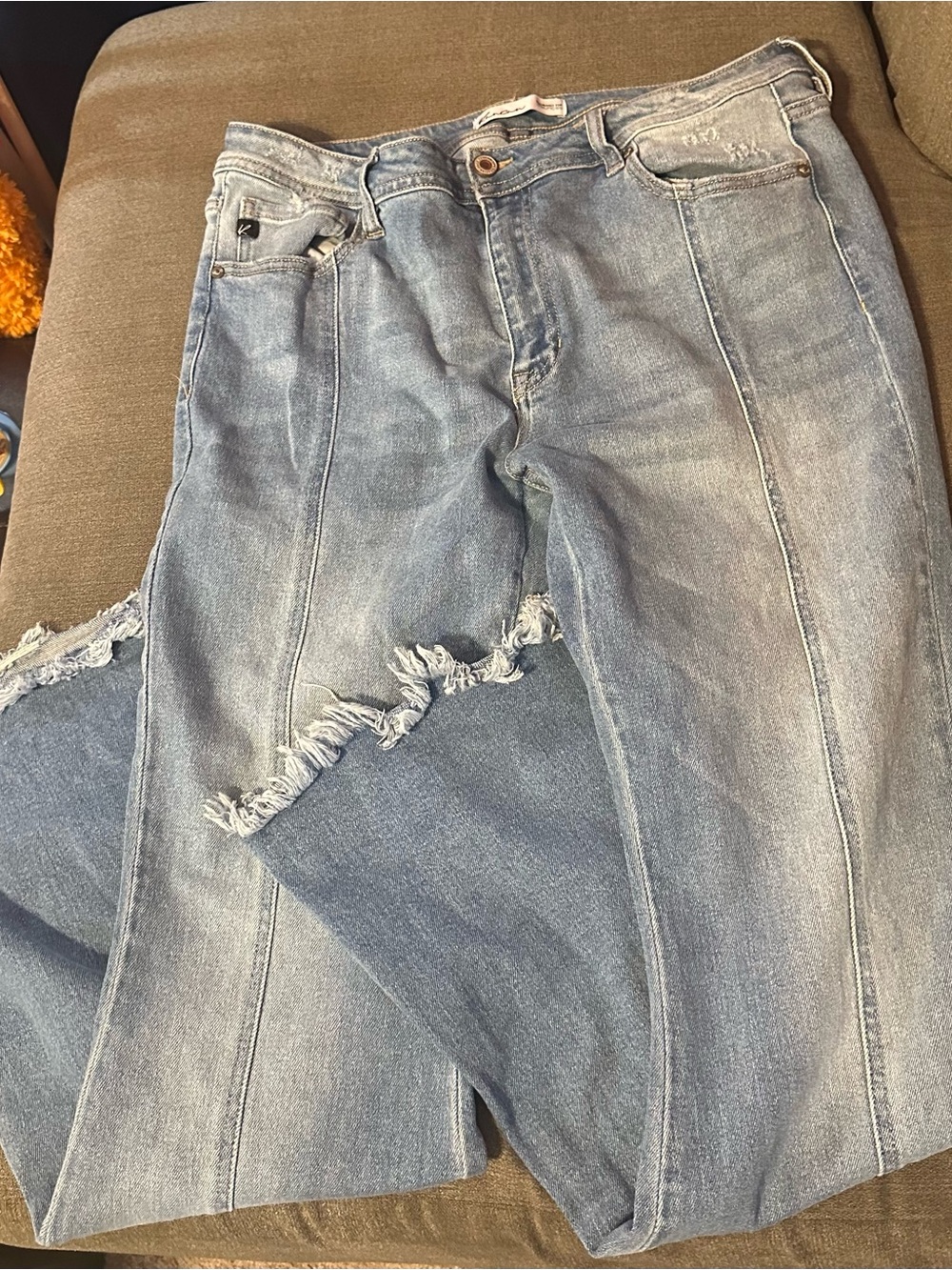 KanCan Light Blue High-Rise Flared Jeans with Distressed Knee
